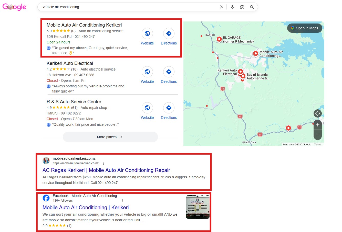 Mobile Auto Air — top of Google Maps and organic search results in Kerikeri Far North NZ